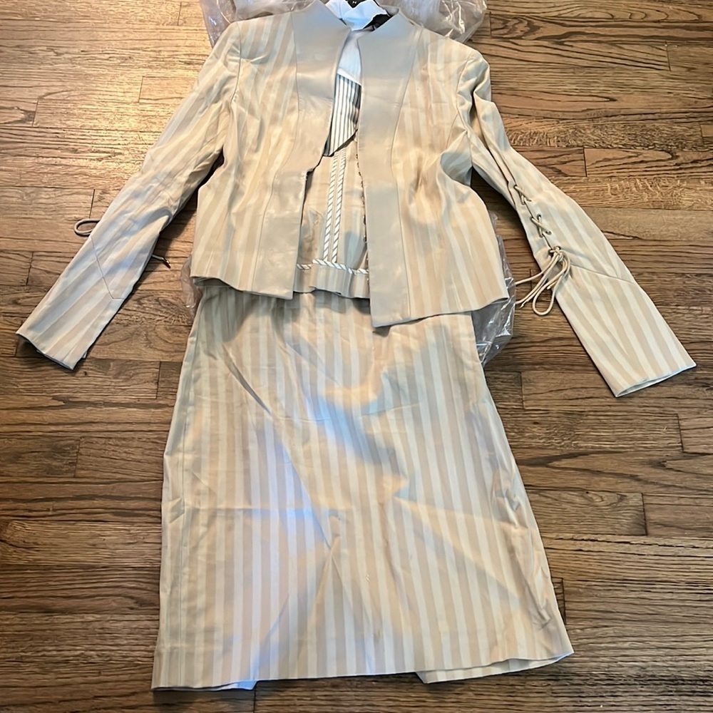 Women’s Beige Stripe Skirt Set - Tailored Jacket & Pencil Skirt by Penta